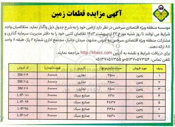 مزایده قطعات زمین