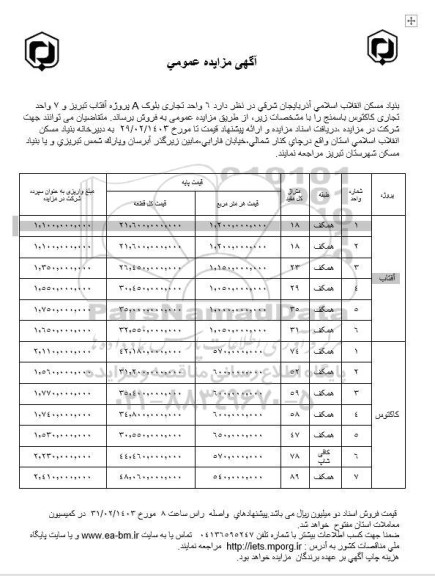 مزایده فروش 6 واحد تجاری بلوک A پروژه آفتاب و 7 واحد تجاری کاکتوس