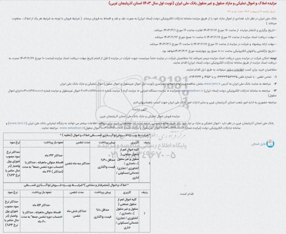 مزایده املاک و اموال تملیکی و مازاد منقول و غیر منقول بانک ملی ایران 