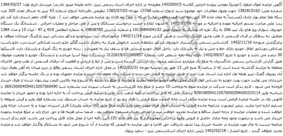 آگهی مزایده ششدانگ یک دستگاه خودروی سواری پژو هاچ بک تیپ 206 