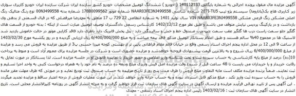 آگهی مزایده خودرو کاربری سواری زیر کاربری هاچ بک(پاناروما) سیستم پژو تیپ 207I-TU5 