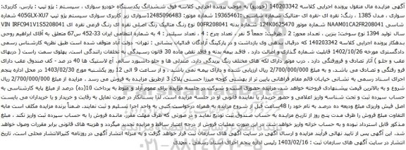 آگهی مزایده  ششدانگ یکدستگاه خودرو سواری ، سیستم : پژو 