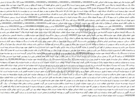 آگهی مزایده مقدار 3/3 دانگ مشاع از شش دانگ یک دستگاه آپارتمان به پلاک ثبتی 191 فرعی از 3756 اصلی