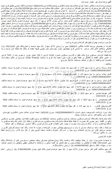 مزایده فروش 6/75 سهم از 81 سهم عرصه و اعیان پلاک ثبتی 156/13345 ق 2 تفکیکی