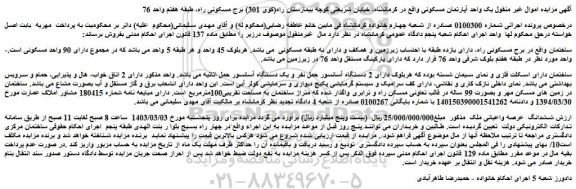 مزایده فروش ششدانگ  عرصه واعیانی ملک 