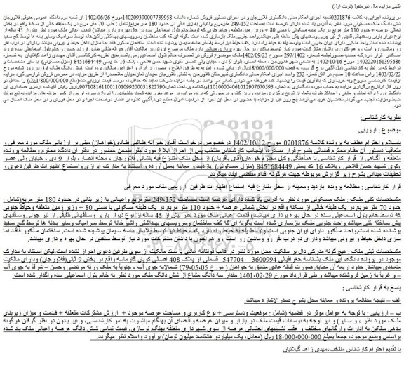 مزایده فروش شش دانگ ملک مسکونی