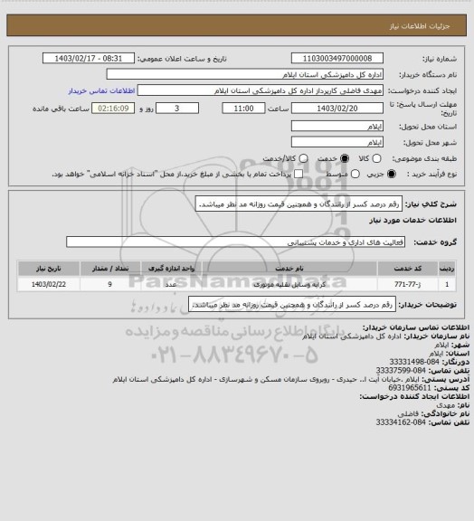 استعلام رقم درصد کسر از رانندگان و همچنین قیمت روزانه مد نظر میباشد.