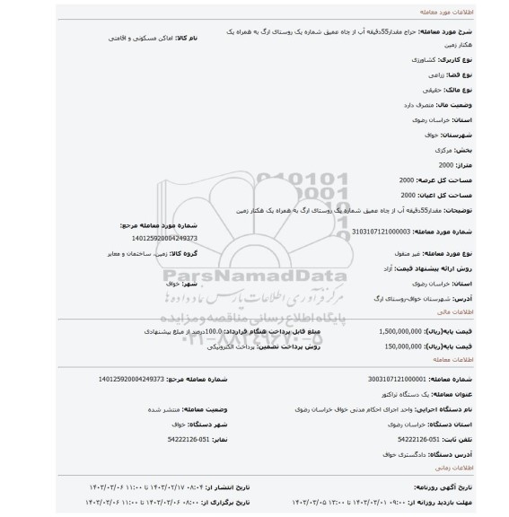 مقدار55دقیقه آب از چاه عمیق شماره یک روستای ارگ به همراه یک هکتار زمین
