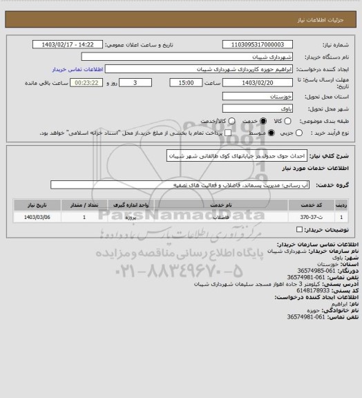 استعلام احداث جوی جدول در خیابانهای کوی طالقانی شهر شیبان