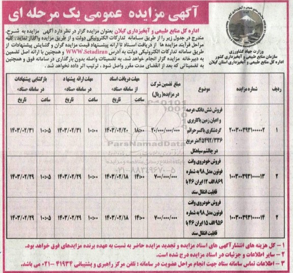 مزایده فروش شش دانگ عرصه و اعیان زمین...