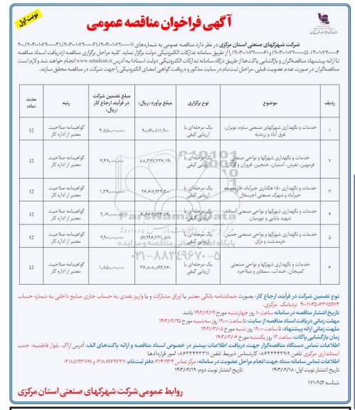مناقصه خدمات و نگهداری شهرکهای صنعتی ....