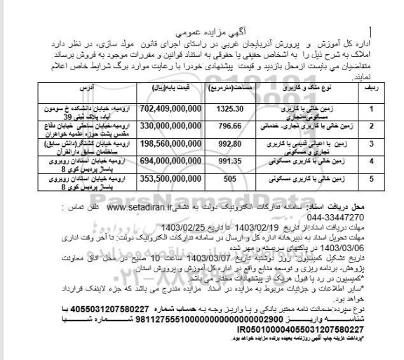 مزایده فروش پنج زمین خالی با کاربری مسکونی تجاری خدماتی
