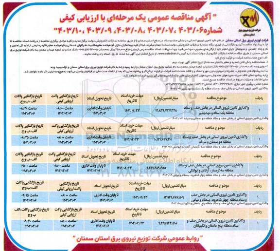 مناقصه تامین نیروی انسانی در بخش صف و ستاد در سطح استان