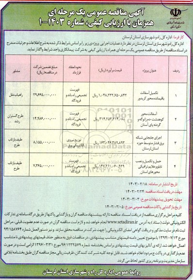 مناقصه تکمیل آسفالت باقیمانده محور.....