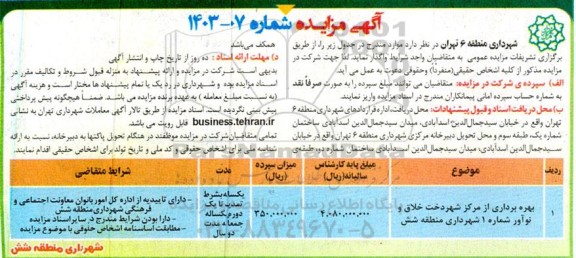 مزایده بهره برداری از مرکز شهردخت خلاق و نوآور