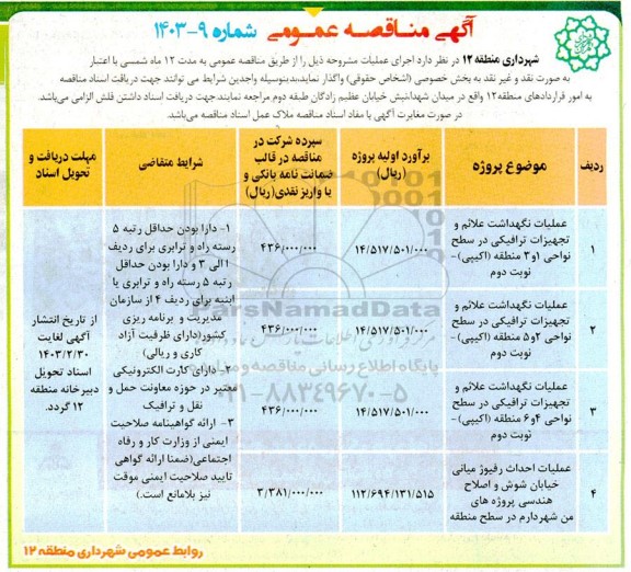 مناقصه عملیات نگهداشت علائم و تجهیزات ترافیکی ....