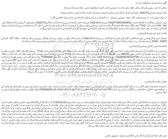 مزایده فروش شش­دانگ یک باب منزل مسکونی