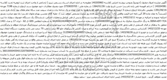 آگهی مزایده ششدانگ یک دستگاه خودروی سواری دنا تیپ DENA+EF7-TCA 