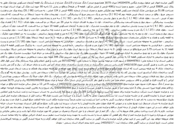 آگهی مزایده آگهی مزایده  دانگ مشاع از1/5دانگ مشاع از ششدانگ یک قطعه آپارتمان دوبلکس نوع ملک طلق به پلاک ثبتی 99257 فرعی از 2395 اصلی