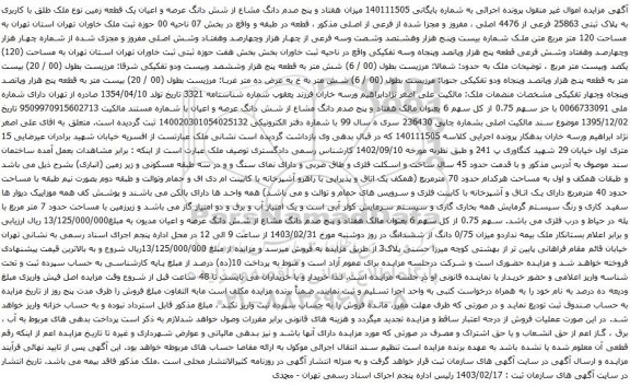 آگهی مزایده شش دانگ عرصه و اعیان یک قطعه زمین نوع ملک طلق با کاربری به پلاک ثبتی 25863 فرعی از 4476 اصل