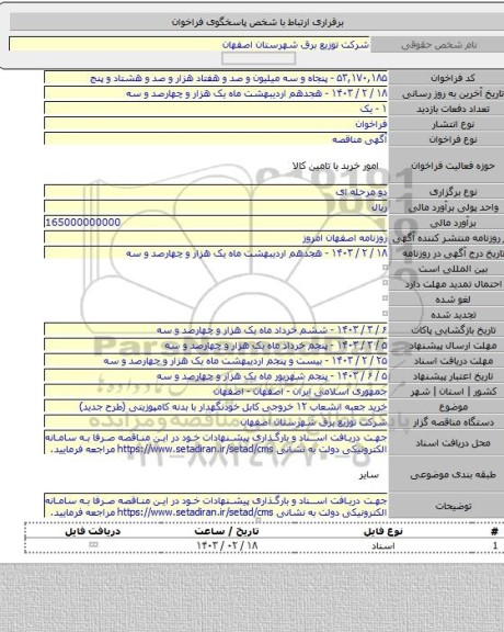 مناقصه, خرید جعبه انشعاب ۱۲ خروجی کابل خودنگهدار با بدنه کامپوزیتی (طرح جدید)