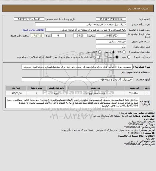 استعلام سرویس دوره ای توربین های بادی سایت عون ابن علی و نیر طبق برگ پیشنهادقیمت و دستورالعمل پیوستی