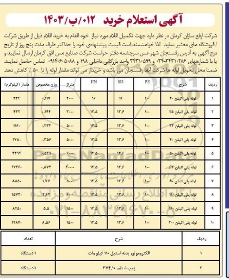 استعلام خرید اقلام 