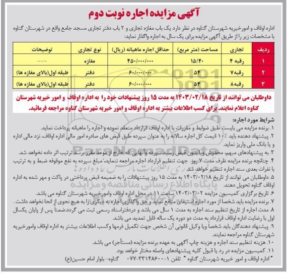 مزایده اجاره یک باب مغازه تجاری و 2 باب دفتر تجاری مسجد