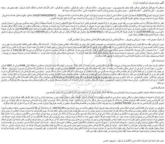 مزایده فروش شش دانگ عرصه و اعیان یک واحد آپارتمان مسکونی به پلاک ثبتی 9498 فرعی از 1893 اصلی ، مفروز و مجزا شده از 1 فرعی از اصلی 