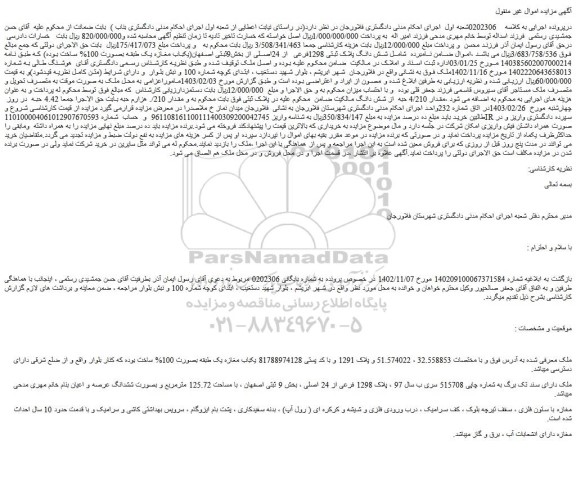 مزایده فروش شش دانگ پلاک ثبتی 1298فرعی از 24اصلی