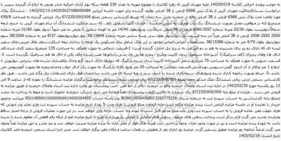 آگهی مزایده ششدانگ پلاک مورد تقاضا تحت پلاک ثبتی 6568 فرعی از 38 اصلی