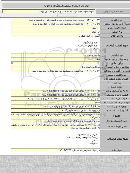 مناقصه, احداث و بهره برداری از کارخانه تولید آلومینا از بوکسیت وارداتی در منطقه پارسیان هرمزگان