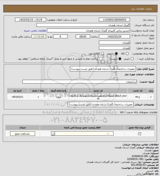 استعلام  تعمیرات ساختمان گمرک استان همدان   (طبق لیست پیوست)