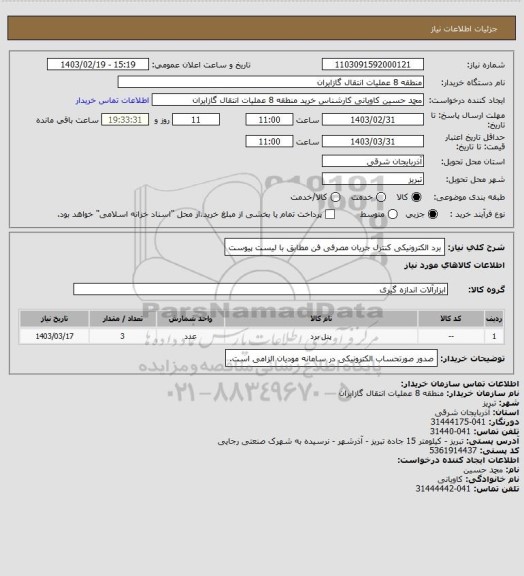 استعلام برد الکترونیکی کنترل جریان مصرفی فن مطابق با لیست پیوست