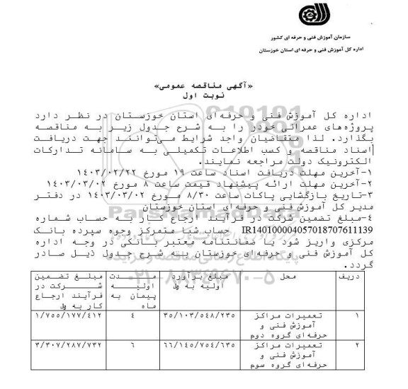 مناقصه تعمیرات مراکز آموزش فنی و حرفه ای 