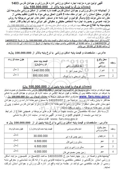 مزایده تعدادی از اماکن ورزشی