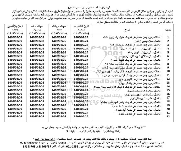 مناقصه احداث زمین چمن مصنوعی کوچک خلیل آباد ...