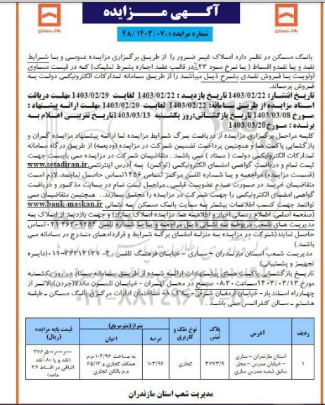 مزایده فروش املاک غیرضرور با کاربری تجاری