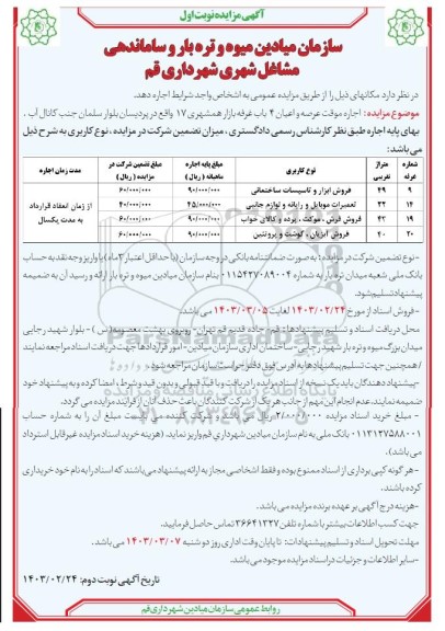 مزایده  اجاره موقت عرصه و اعیان 4 باب غرفه بازار همشهری