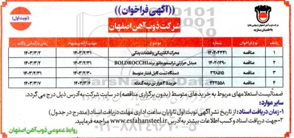 فراخوان محرک الکتریکی و قطعات یدکی و...