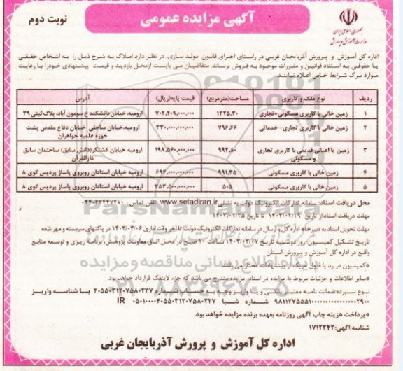 مزایده فروش پنج زمین خالی با کاربری مسکونی تجاری خدماتی- نوبت دوم