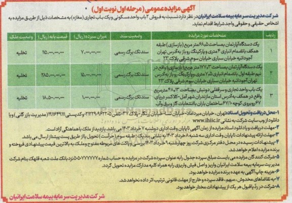 مزایده فروش 2 باب مسکونی و یک باب تجاری مغازه