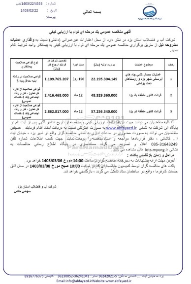 مناقصه عملیات حصارکشی چاه های آبرسانی شهر و ... 