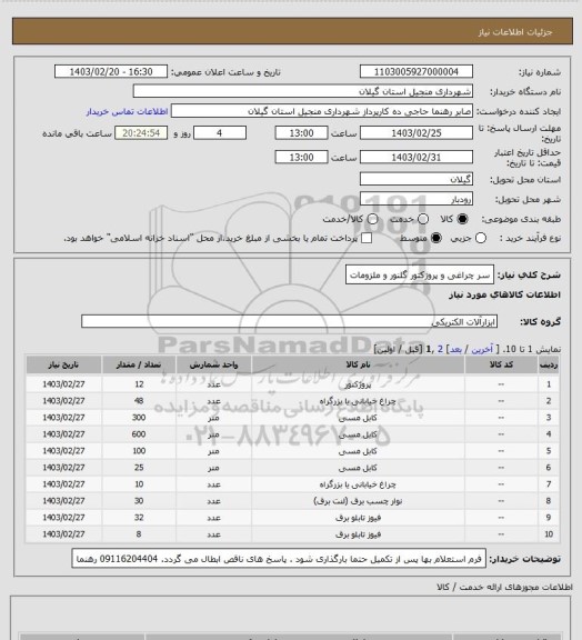 استعلام سر چراغی و پروژکتور گلنور و ملزومات