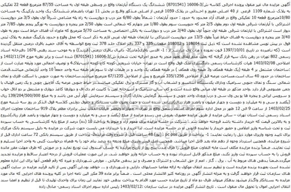 آگهی مزایده ششدانگ یک دستگاه آپارتمان واقع در وسطی طبقه اول به مساحت 87/55 مترمربع قطعه 22 تفکیکی به پلاک شماره 1109 فرعی از 40 اصلی