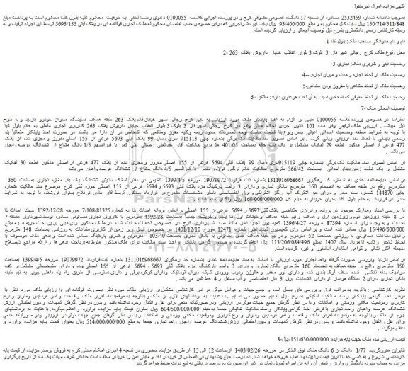 مزایده فروش ملک تجاری قولنامه ای در پلاک ثبتی 5693/155