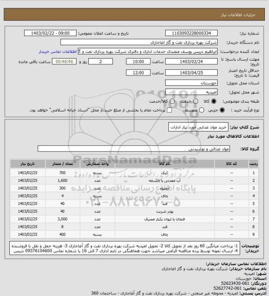 استعلام خرید مواد غذایی مورد نیاز ادارات