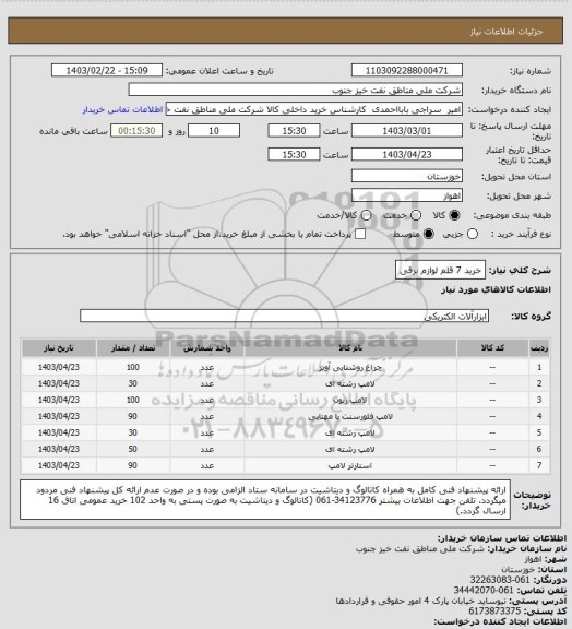 استعلام خرید 7 قلم لوازم برقی