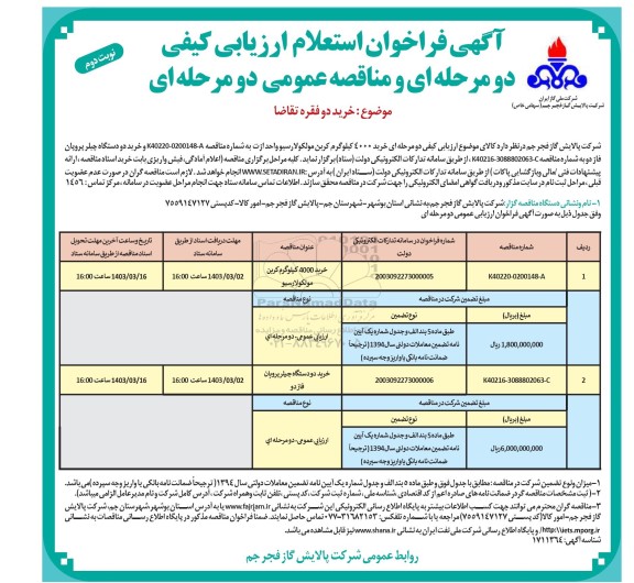 مناقصه خرید 4000 کیلوگرم کربن مولکولارسیو... - نوبت دوم 