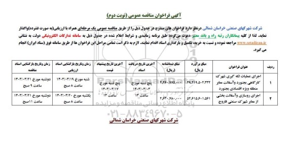 مناقصه عمومی اجرای عملیات لکه گیری شهرک کارگاهی و... نوبت دوم